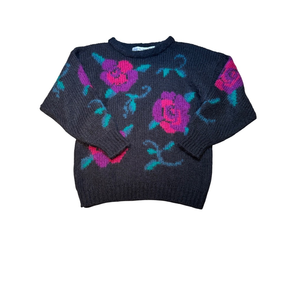 Vintage Cambridge Spirit Floral Rose‎ Wool Blend Knit Sweater Black Pink Medium